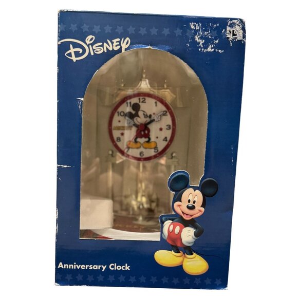 New Disney Mickey Mouse Anniversary Clock Glass Dome Rotating Pendulum Boxed - Picture 1 of 5